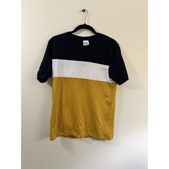 Zara Colorblock Men’s T-Shirt Size Medium Yellow White Navy Blue - Picture 1 of 4